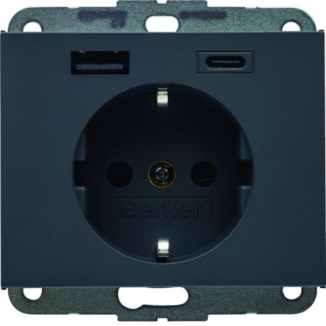 Berker K.1 Gniazdo SCHUKO z ładowarką USB A+C 20W PD, antracyt mat 48147006 HAGER