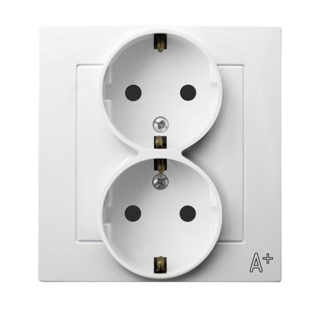 AS ANTYBAKTERYJNY Gniazdo podwójne z uziemieniem schuko kompletne z ramką, produkt zawiera szkło fos
