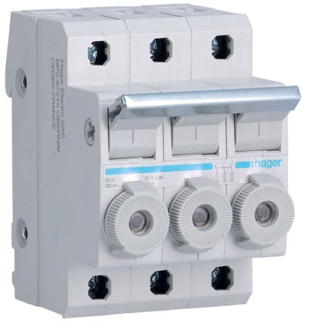 Rozłącznik bezpiecznikowy cylindryczny 3P 10x38mm 20A L95300 HAGER