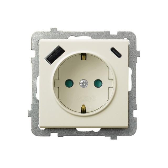 SONATA Gniazdo pojedyncze z uziemieniem schuko z przesłonami torów prądowych z ładowarką USB A+C kolor ecru GP-1RSPUSBAC/m/27 OSPEL