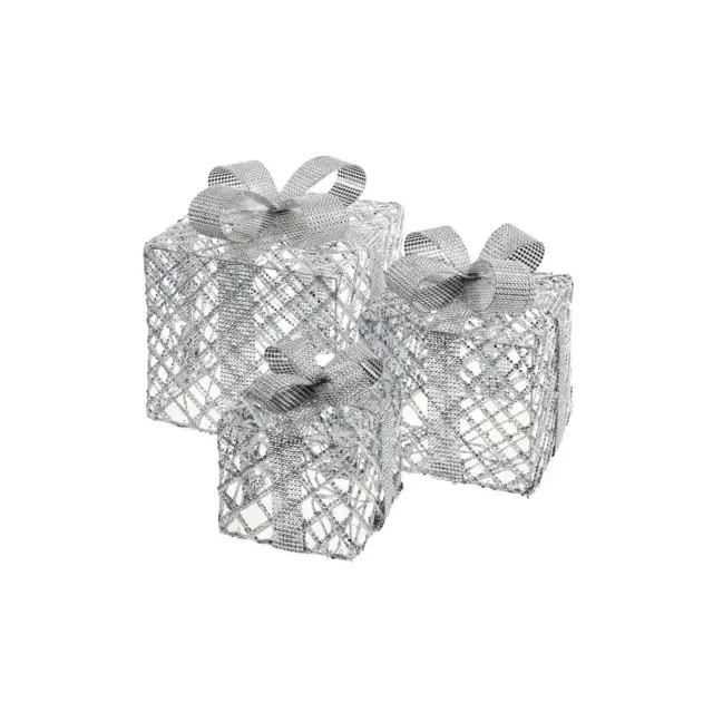 Dekoracje - 72 LED prezenty 15/20/25 cm srebrne, zimna biel, IP44, timer