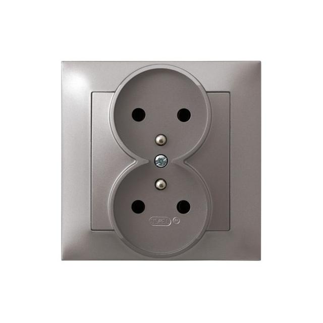IMPRESJA Gniazdo podwójne z uziemieniem kompletne z ramką - kolor tytan