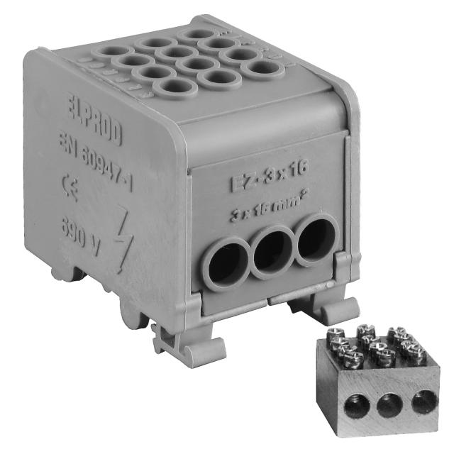 LZ1*16/16/16 ,  Odgałęźnik instalacyjny 1-segmentowy (zacisk: 3x16mm2), szary