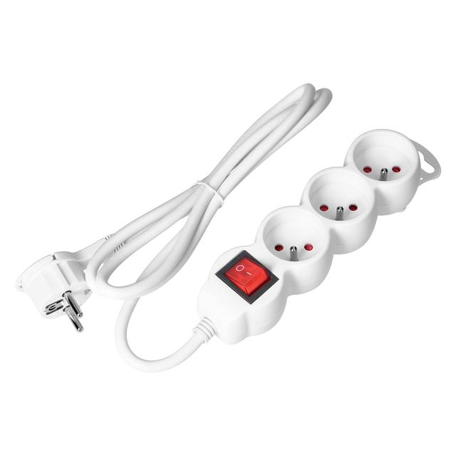 Przedłużacz 3-krotny z wyłącznikiem 3m H05VV-F 3x1,5mm2 Imax=16A płaska wtyczka biały