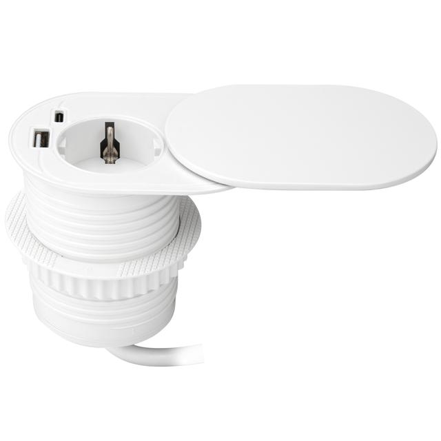 Gniazdo meblowe O6cm, wpuszczane w blat z przesuwną pokrywką, ładowarką USB i przewodem 1,9m, 1x2P+Z