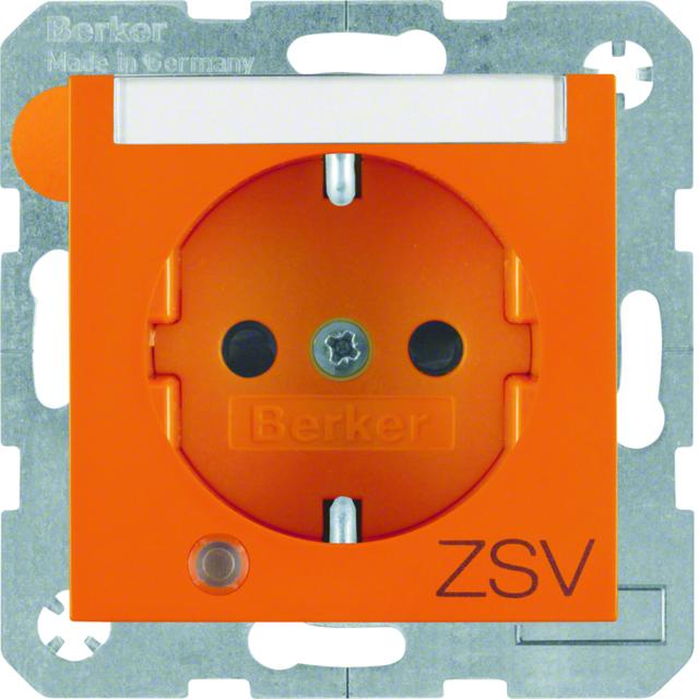 BERKER B.Kwadrat Gniazdo SCHUKO z uziemieniem diodą kontrolną LED i pole opisowe nadruk ZSV pomarańc