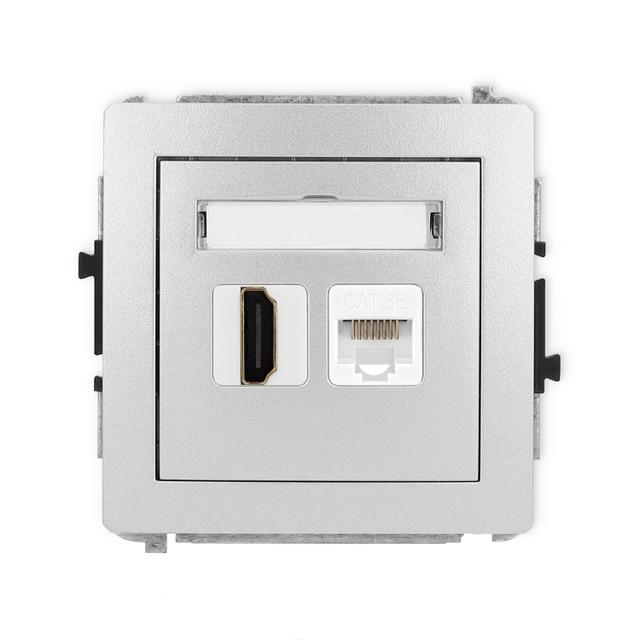 DECO Mechanizm gniazda pojedynczego HDMI 2.0 + gniazda komp. poj. 1xRJ45, kat. 5e, 8-stykowy srebrny