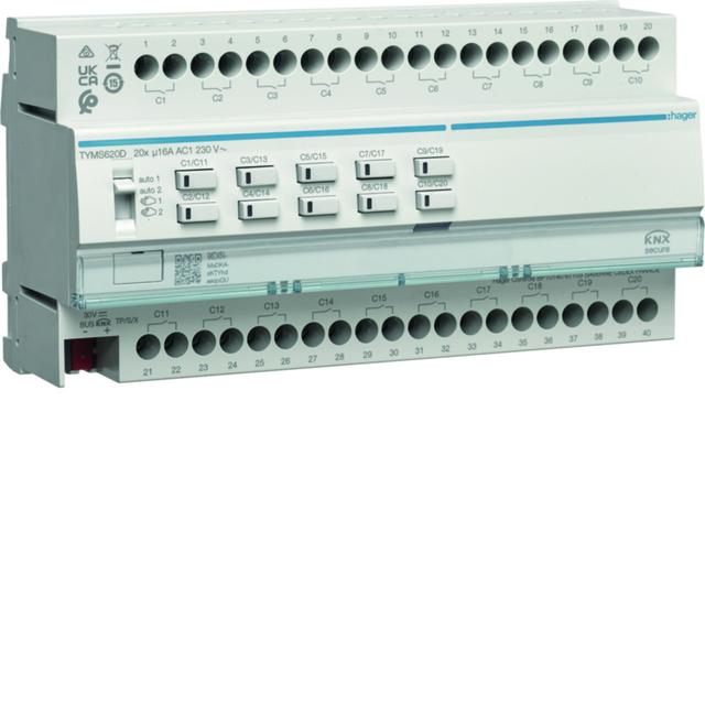 KNX e/s Sterownik załączający/żaluzjowy 20-/10-krotny 16A C-load, KNX secure TYMS620D HAGER