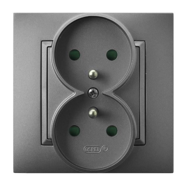 ARIA Gniazdo podwójne z uziemieniem z przesłonami torów prądowych, kompletne z ramką - kolor szary m