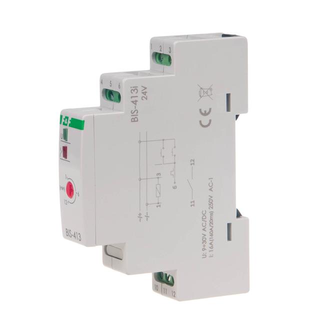 Przekaźnik bistabilny z wyłącznikiem czasowym 9-30 V AC/DC na szynę DIN z przekaźnikiem inrush 160A/20ms BIS-413-LED-24V F&F