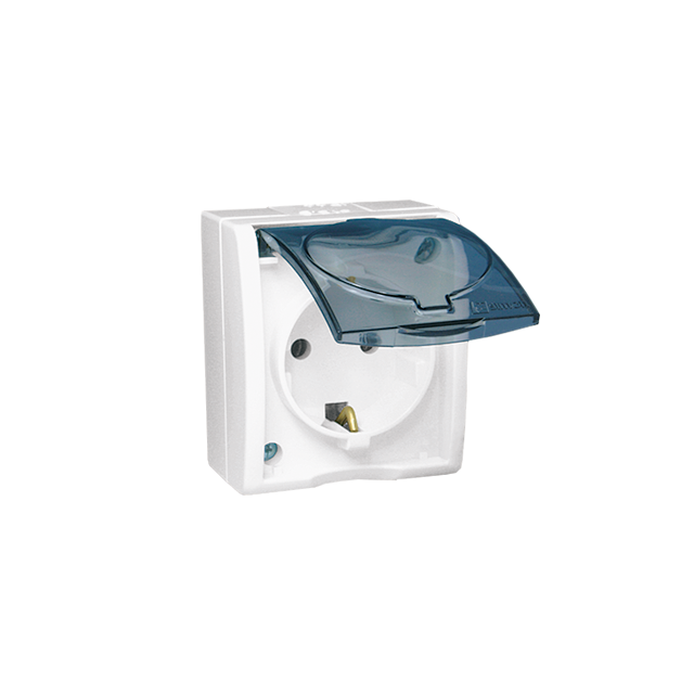 Simon Aquarius Gniazdo wtyczkowe z uziemieniem Schuko pojedyncze bryzgoszczelne IP54 z przesłonami torów prądowych klapka dymna biały AQGSZ1Z/11A AQGSz1z/11A KONTAKT