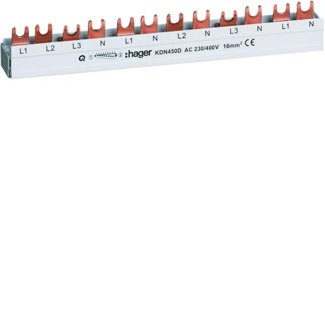 Szyna grzebieniowa widełkowa pozioma L1L2L3N L1N L2N L3N L2N 12mm2 80A 12M KDN450D HAGER