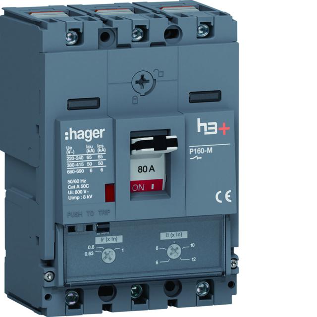 MCCB Wyłącznik mocy h3+ P160 3P 80A 50kA TM HMS080DC HAGER