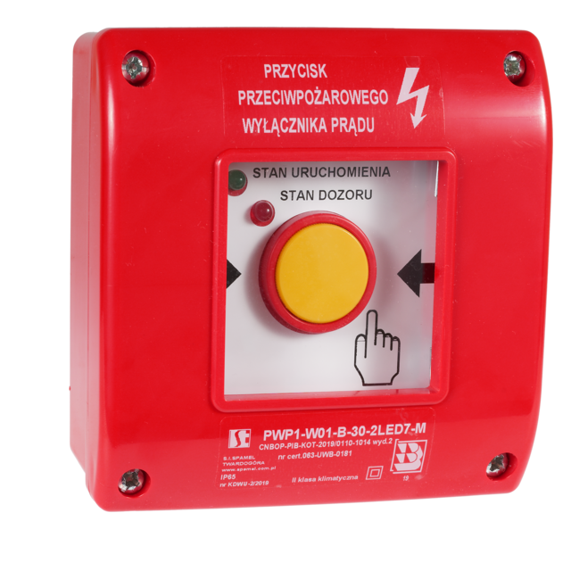 Ręczny przycisk ppoż wyłącznika prądu PWP 1Z 1R 2LED zielony/czerwony 230V CNBOP SPAMEL