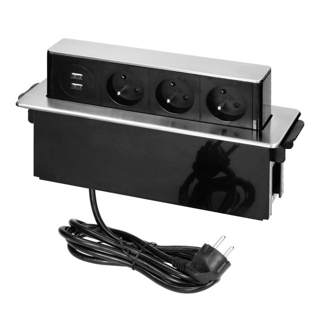 Gniazda wysuwane z blatu z płaskim frezowanym rantem ładowarką USB i przewodem 2m 3 gniazda typ E OR