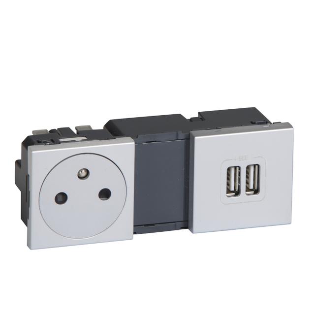 Mosaic - Ładowarka Usb 2400 Ma + Gniazdo 2P+Z Zestaw Zespolony Aluminium 079395 LEGRAND