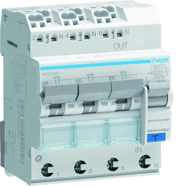 RCBO Wyłącznik różnicowoprądowy z członem nadprądowym 3x1P+N 6kA B16A 30mA Typ A QC/QBB ADZ316D HAGE