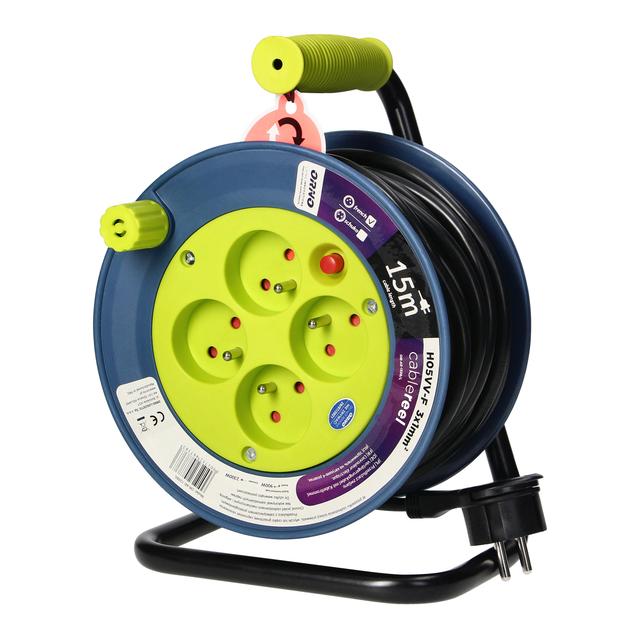 Przedłużacz bębnowy MINI 4 gniazda metalowy stojak polwinit H05VV-F 3x1mm2 długość 15m limonkowy OR-