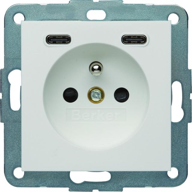 B.x Gniazdo z uziemieniem z ładowarką USB C+C 20W PD, biały mat