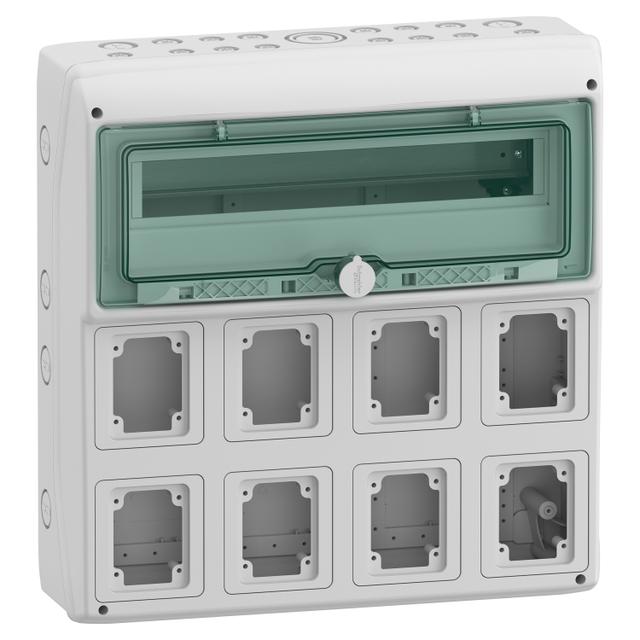 Rozdzielnica natynkowa 1x18 Mureva (dawna Kaedra) IP65 gMRV-1-18+1-NT-T/8 8 otworów 90x100mm 13182 Schneider