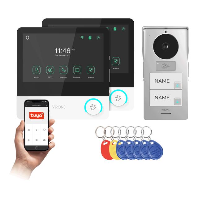 Wideodomofon Dwurodzinny WIFI Domofon breloki 2 monitory 7 cali aplikacja TUYA ORNO