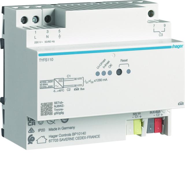 KNX e/s Zasilacz KNX 1 x 30V KNX DC 1 x 30V DC, 1280 mA TYFS110 HAGER