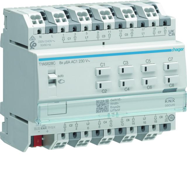 KNX e/s Sterownik żaluzji 8-krotny, 230V AC, KNX secure 6M TYAS628C HAGER