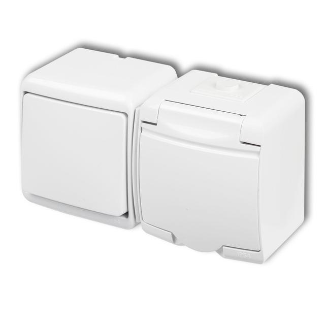 JUNIOR Łącznik jednobiegunowy z gniazdem pojedynczym z uziemieniem 2P+Z (klapka biała; bez przesłon)