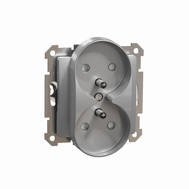Sedna Design & Element Gniazdo podwójne z uziemieniem i przesłonami (do ramek Design) srebrne aluminium SDD113275 Schneider