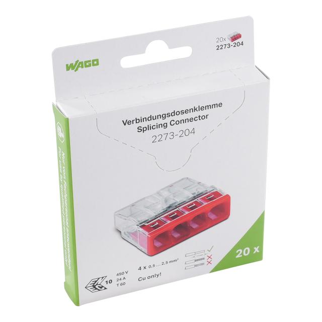 Szybkozłączka 4x 0,5‑2,5mm2 transparentna/czerwona 2273‑204, 2273‑204/995‑020 /20szt./ WAGO