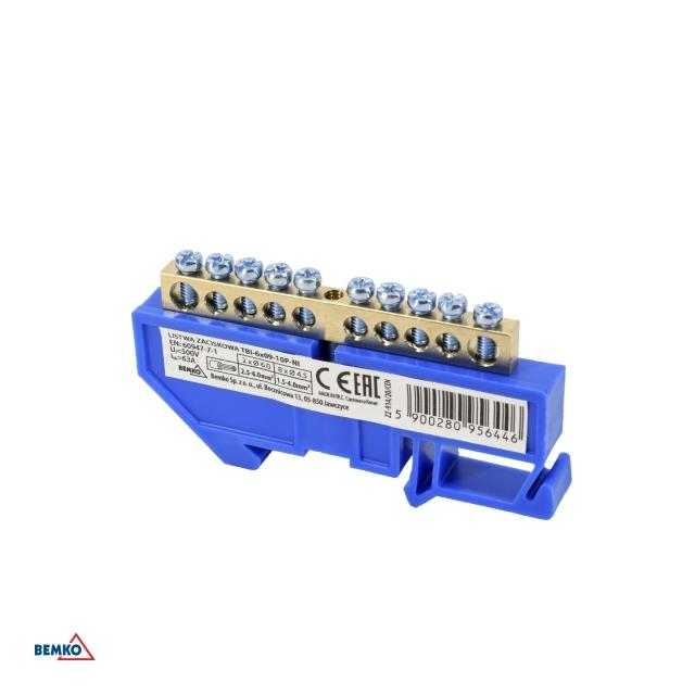 LISTWA ZACISKOWA NA SZYNĘ 6x9 10-TOROWA NIEBIESKA