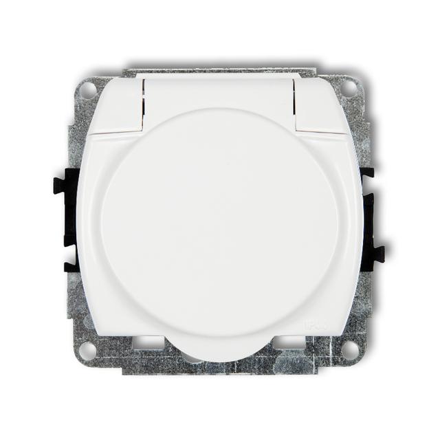 TREND Mechanizm gniazda bryzgoszczelnego z uziemieniem 2P+Z (klapka biała, przesłony torów prądowych