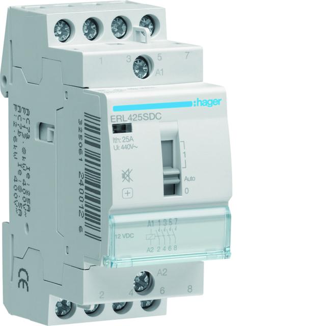 Stycznik modułowy cichy z możliwością sterowania ręcznego 12V DC 4Z 25A AC-7A B ERL425SDC HAGER