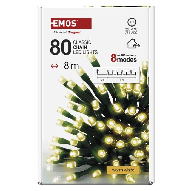 Lampki choinkowe Classic 80 LED 8m ciepła biel zielony przewód IP44 8 programów timer D4AW22 EMOS