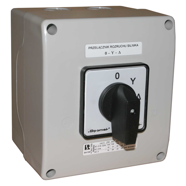 Łącznik Krzywkowy 100A, Rozłącznik 0-1 (3 - biegunowy) z torem sygnal,  w obudowie OB18 z czołem żół