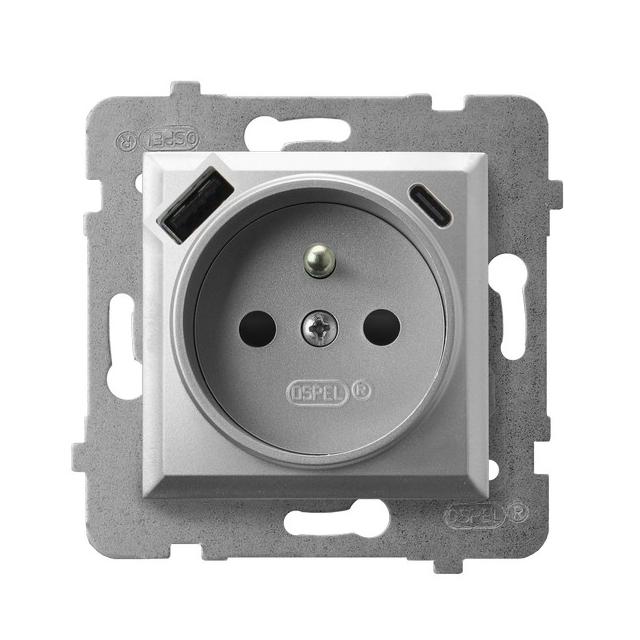 Gniazdo pojedyncze z uziemieniem z ładowarką A+C ARIA SREBRO