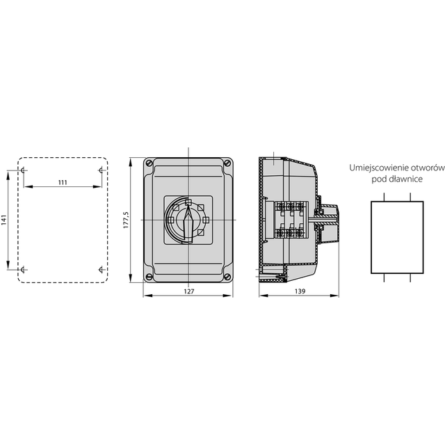 Łącznik Krzywkowy 15A, Rozłącznik 0-1 (4 - biegunowy),  w obudowie OB4 z czołem zamykanym żółto/czer
