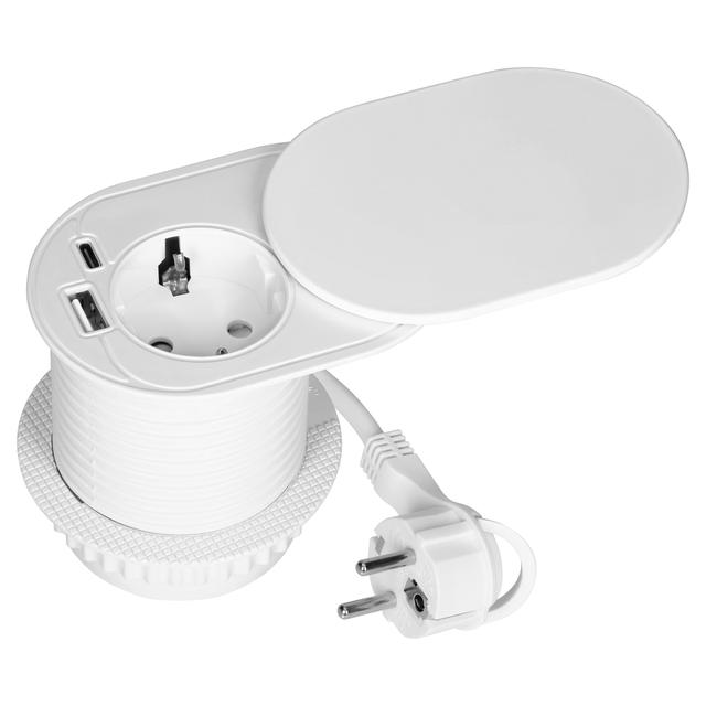 Gniazdo meblowe O6cm, wpuszczane w blat z przesuwną pokrywką, ładowarką USB i przewodem 1,9m, 1x2P+Z