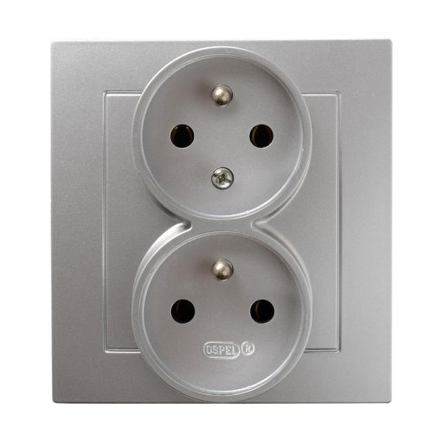 AS Gniazdo podwójne z uziemieniem z funkcją niezamienności faz, kompletne z ramką - kolor srebro