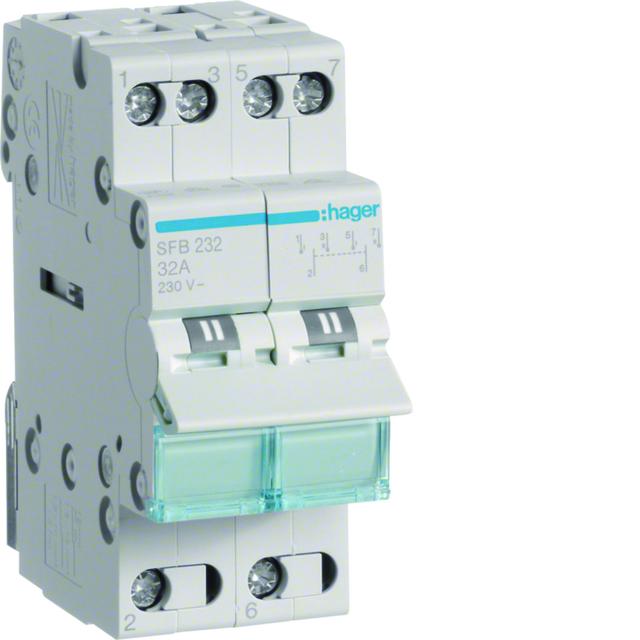 Modułowy przełącznik instalacyjny I-0-II punkt wspólny od dołu 2P 32A 230VAC SFB232 HAGER