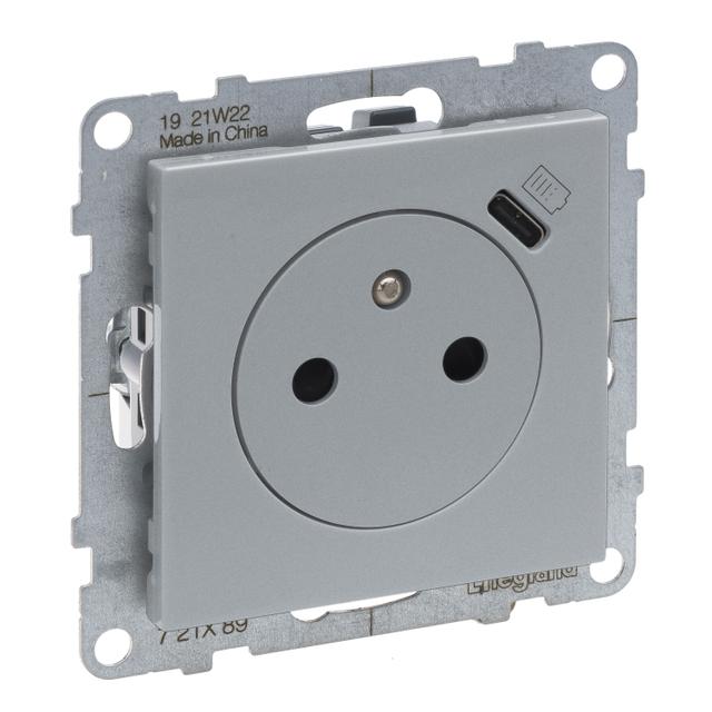 Suno Gniazdo Płaskie 2P+Z 16A Z Usb Typ C 1,5A Zaciski Automatyczne Z Przesłoną Aluminium 721389 LEGRAND