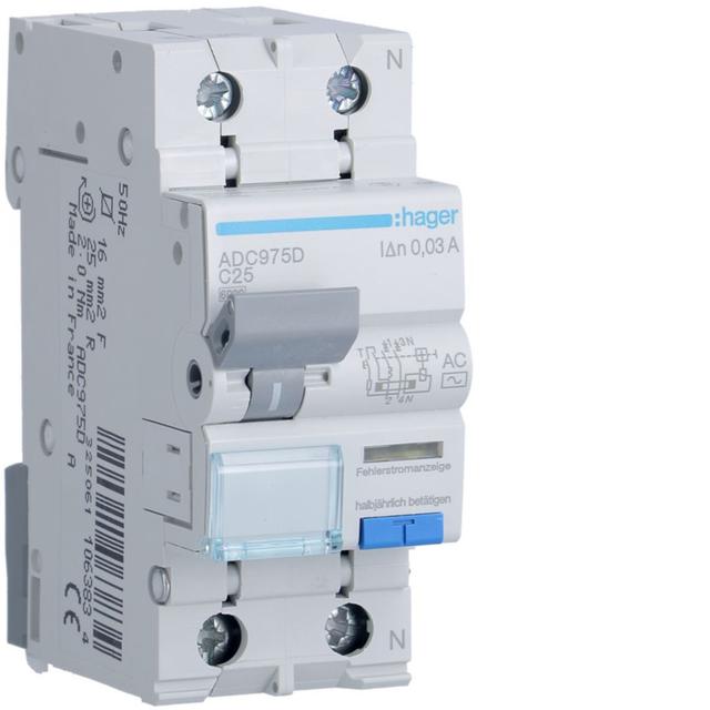RCBO Wyłącznik różnicowoprądowy z członem nadprądowym 1P+N 6kA C25A 30mA Typ AC ADC975D HAGER