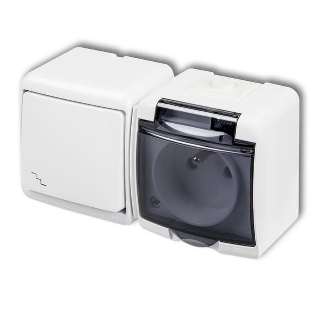 JUNIOR Łącznik schodowy z gniazdem pojedynczym z uziemieniem 2P+Z (klapka dymna; przesłony torów prą