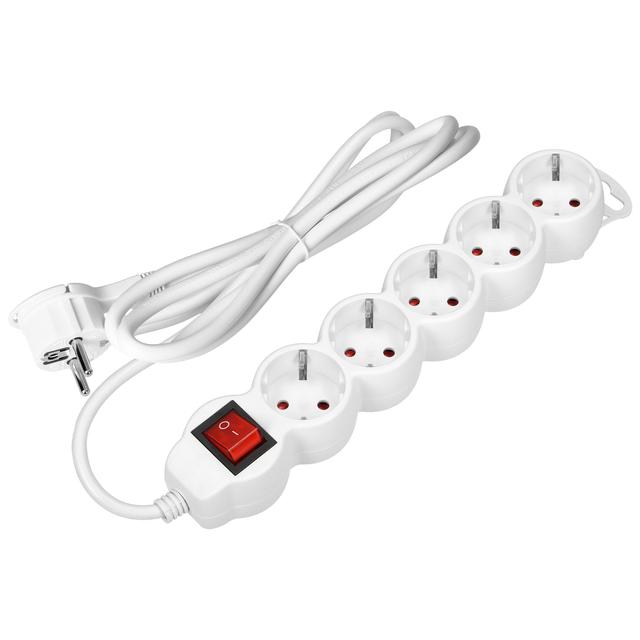 Przedłużacz 5-krotny 2P+Z (Schuko), z wyłącznikiem, 3m H05VV-F 3x1,5mm2, Imax=16A, płaska wtyczka, b