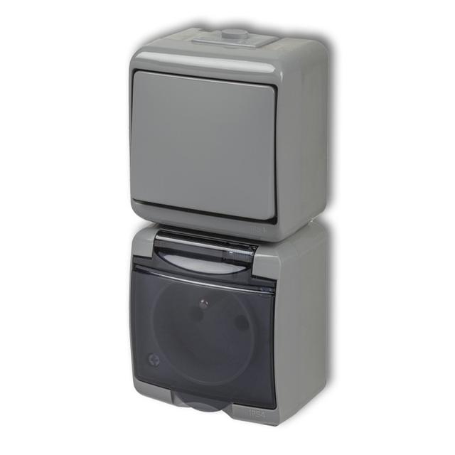 JUNIOR Łącznik jednobiegunowy z gniazdem pojedynczym z uziemieniem 2P+Z (klapka dymna; bez przesłon)