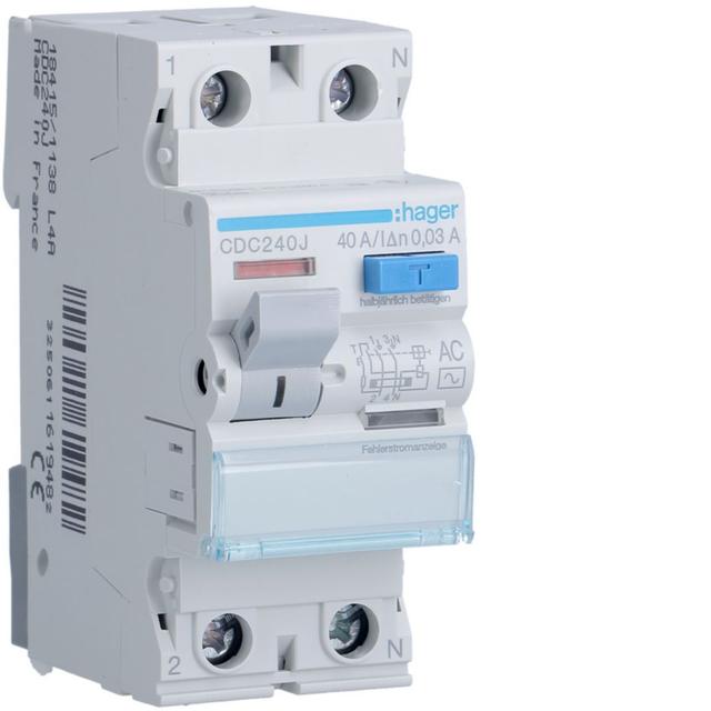 RCCB Wyłącznik różnicowoprądowy 1P+N 40A 30mA 6kA AC CDC240J HAGER