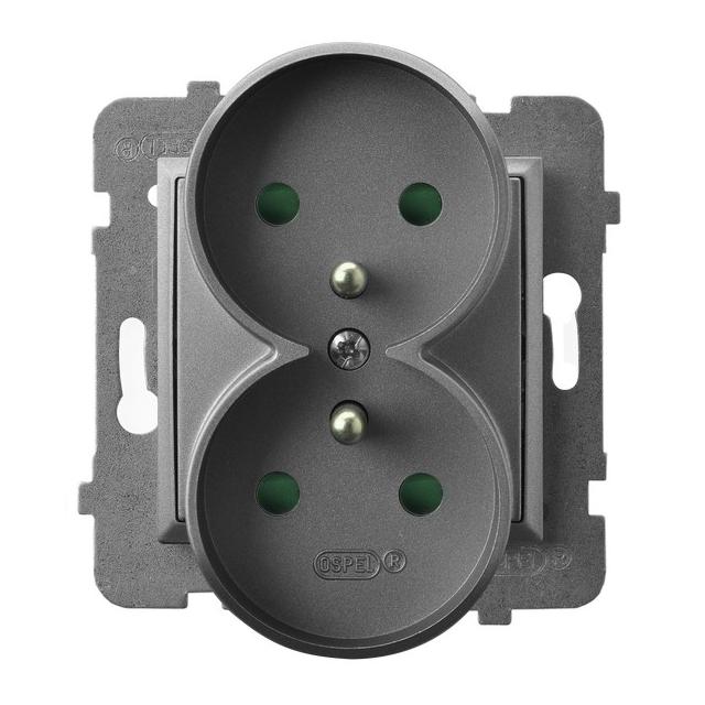 ARIA Gniazdo podwójne z uziemieniem z przesłonami torów prądowych, moduł bez ramki - kolor szary mat