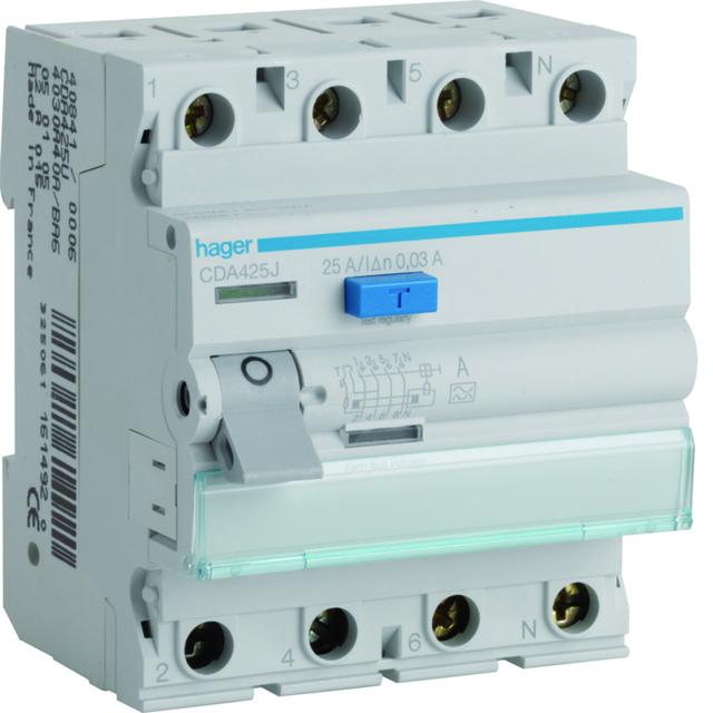 RCCB Wyłącznik różnicowoprądowy 3P+N 25A 30mA 6kA CDA425J HAGER