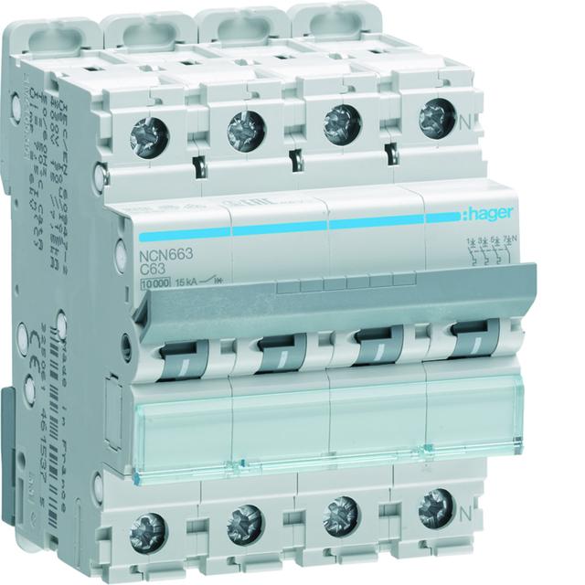 MCB Wyłącznik nadprądowy 10kA/15kA 3P+N C 63A NCN663 HAGER