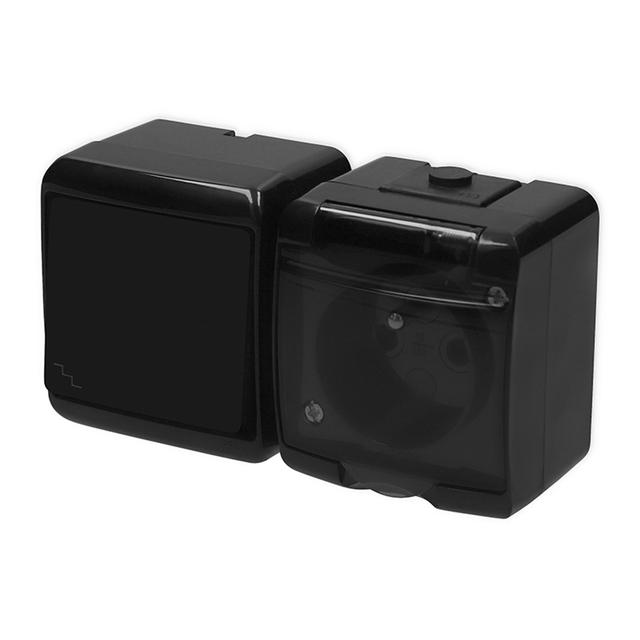 JUNIOR Łącznik schodowy z gniazdem pojedynczym z uziemieniem 2P+Z (klapka dymna; bez przesłon) czarn